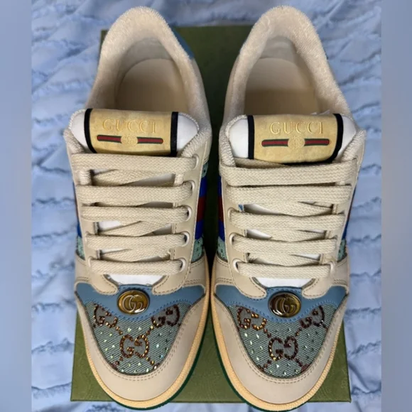 Gucci Crystal Embellished Cream and Blue Sneakers - Picture 2 of 11